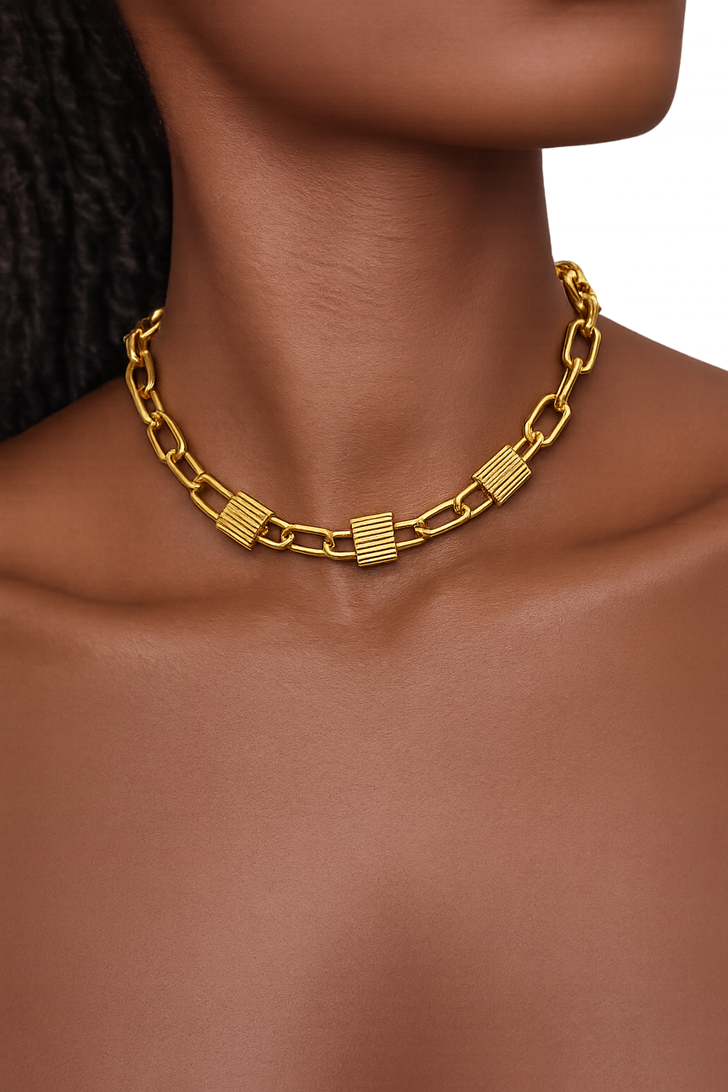 Gold chain necklace with rectangular links