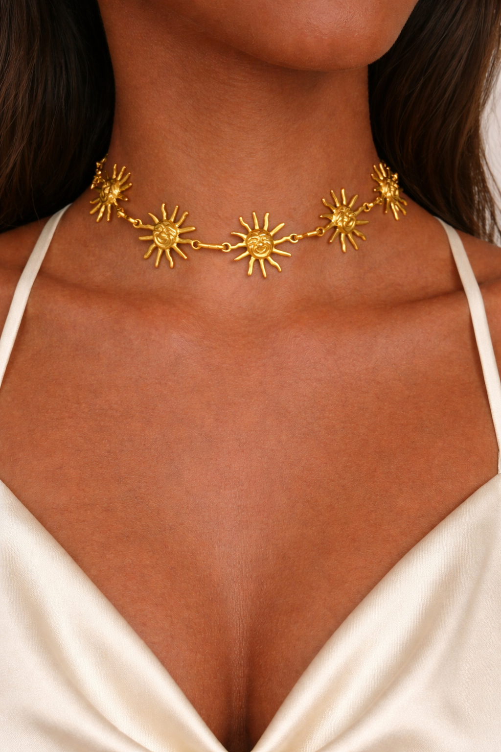 Gold sun charm choker necklace