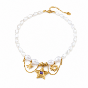 Celestial Pearl Charm Necklace – Gold Stainless Steel Star & Sun Design N102