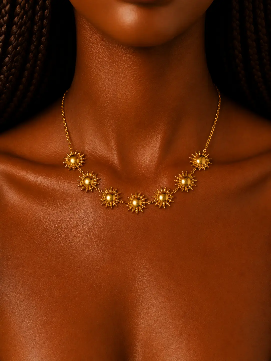 Stainless steel Gold sun charm mid-chocker-necklace-N091
