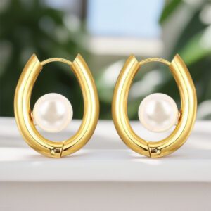 oval gold hoop with pearl center