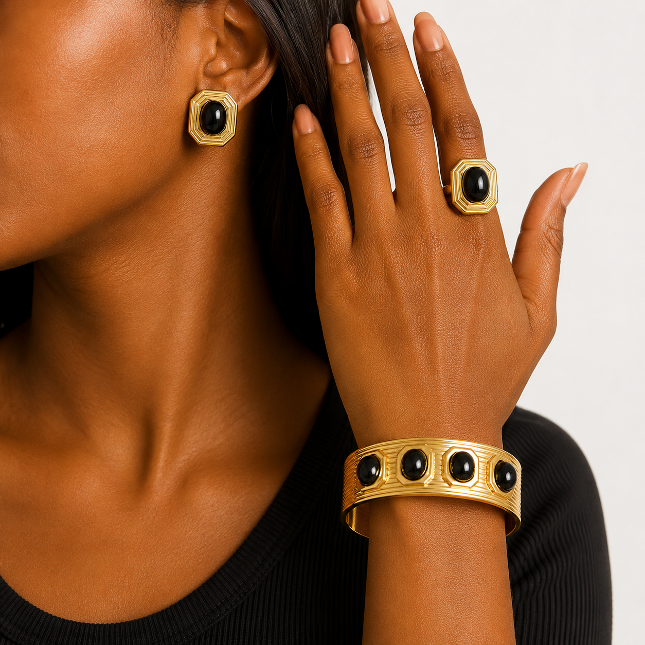 18K Gold Coated Black Stone Ring, Bracelet & Earrings Set