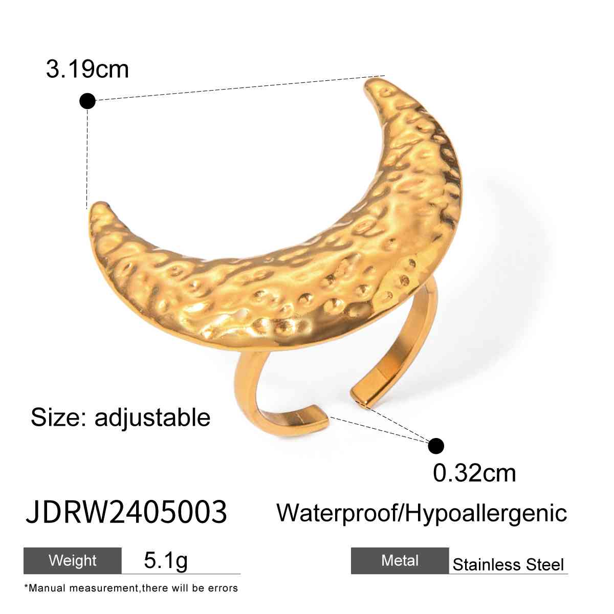 Textured Crescent Moon Statement Ring – Silver Stainless Steel Adjustable Ring R078 - Image 2