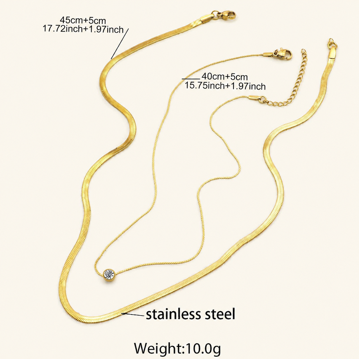 Stainless steel double layer snake chain necklace with crystal pendant in gold and silver