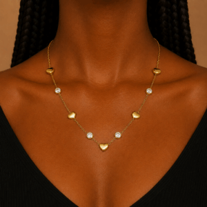 Gold stainless steel heart and crystal station necklace with delicate chain