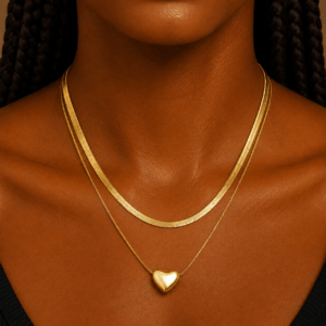 Gold stainless steel layered necklace with snake chain and heart pendant