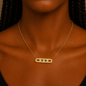 Gold stainless steel triple crystal bar pendant necklace