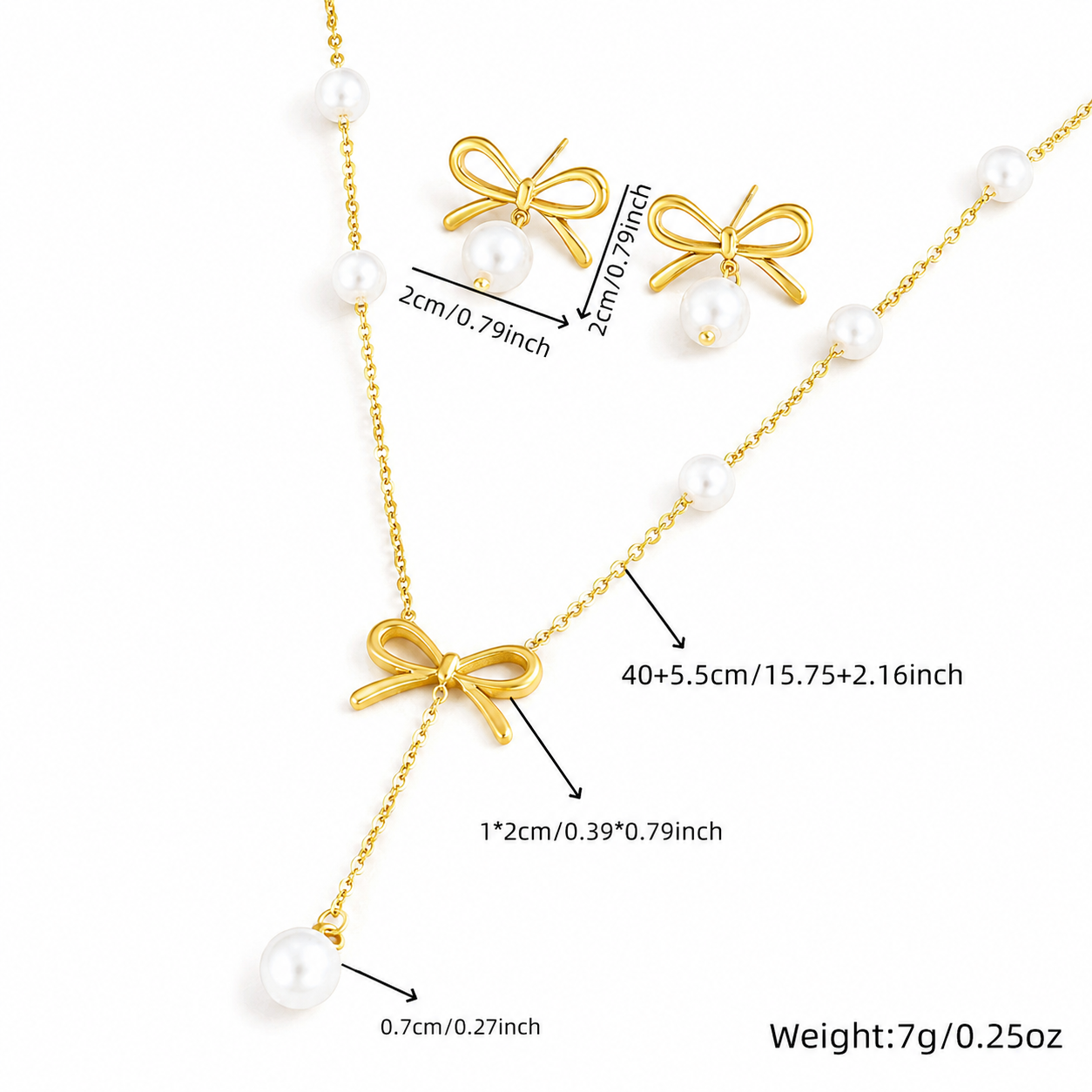 Stainless Steel Gold Pearl Bow Necklace & Earrings Set ns006b - Image 2