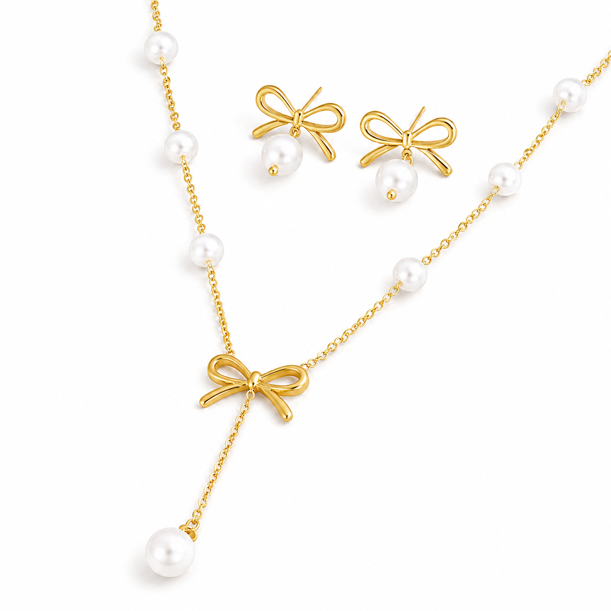 Stainless Steel Gold Pearl Bow Necklace & Earrings Set ns006b