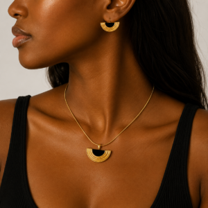 Stainless Steel Gold Necklace & Earrings Set with Black Pendant