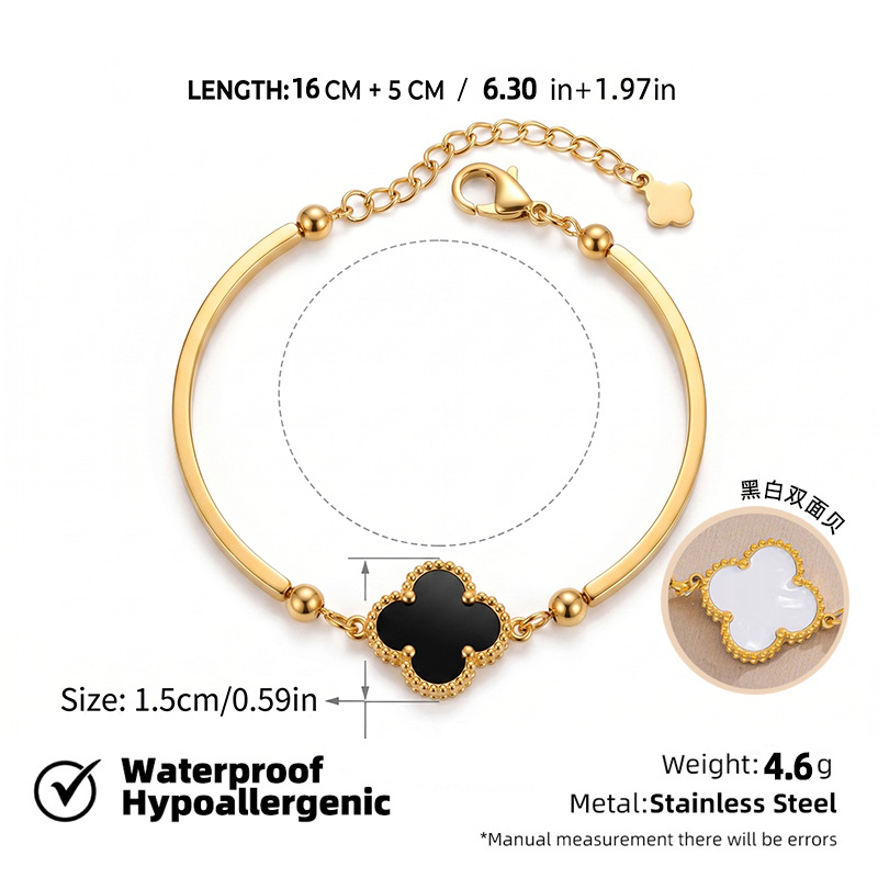 18K Gold Coated Double-Sided Clover Bracelet – Black & White Reversible Charm Design B084