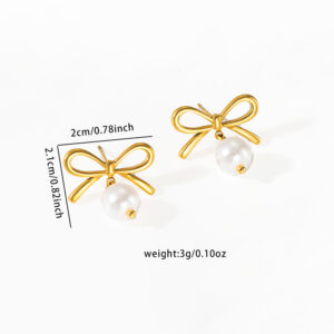 Gold Bow Pearl Stud Earrings E099