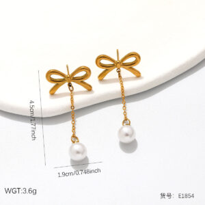 Gold Bow Pearl Drop Earrings E109