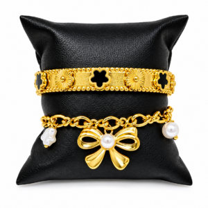 Luxury Gold Stainless Steel Bracelet Set of 2 with Clover & Pearl Bow Charm Design