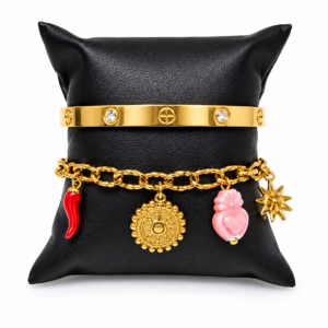 Luxury Gold Stainless Steel Bracelet Set of 2 with Crystal Bangle & Charm Chain Bracelet