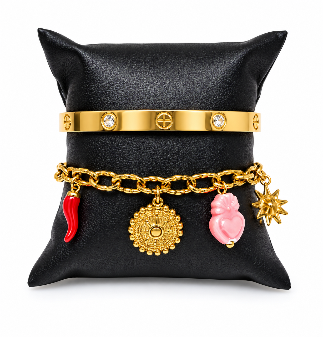 Luxury Gold Stainless Steel Bracelet Set of 2 with Crystal Bangle & Charm Chain Bracelet