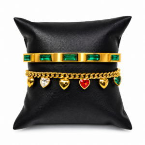 Luxury Gold Stainless Steel Bracelet Set of 2 with Emerald Crystal & Heart Charm Details