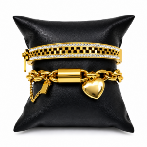 Luxury Gold Stainless Steel Bracelet Set of 2 with Crystal Bangle & Heart Charm Chain Bracelet