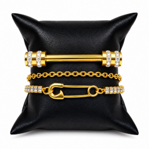 Luxury Gold Stainless Steel Bracelet Set of 2 with Crystal Cuff & Modern Chain Design