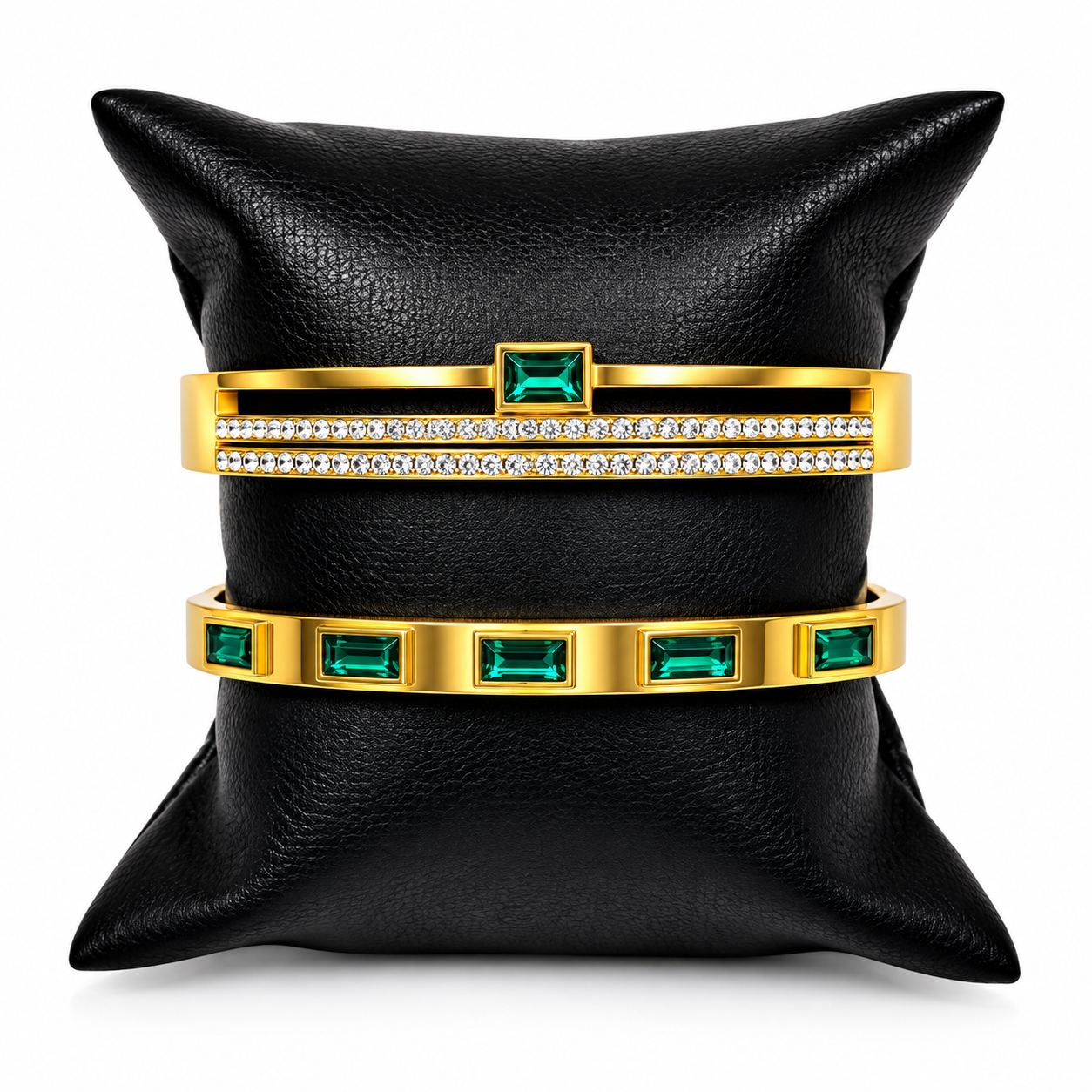 Luxury Gold Stainless Steel Bracelet Set of 2 with Emerald Crystal & Diamond Accents