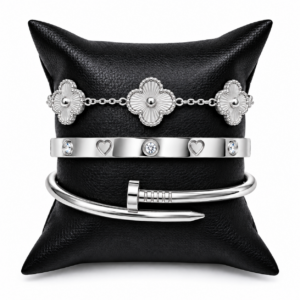 Luxury Silver Stainless Steel Bracelet Set of 3 with Clover B074