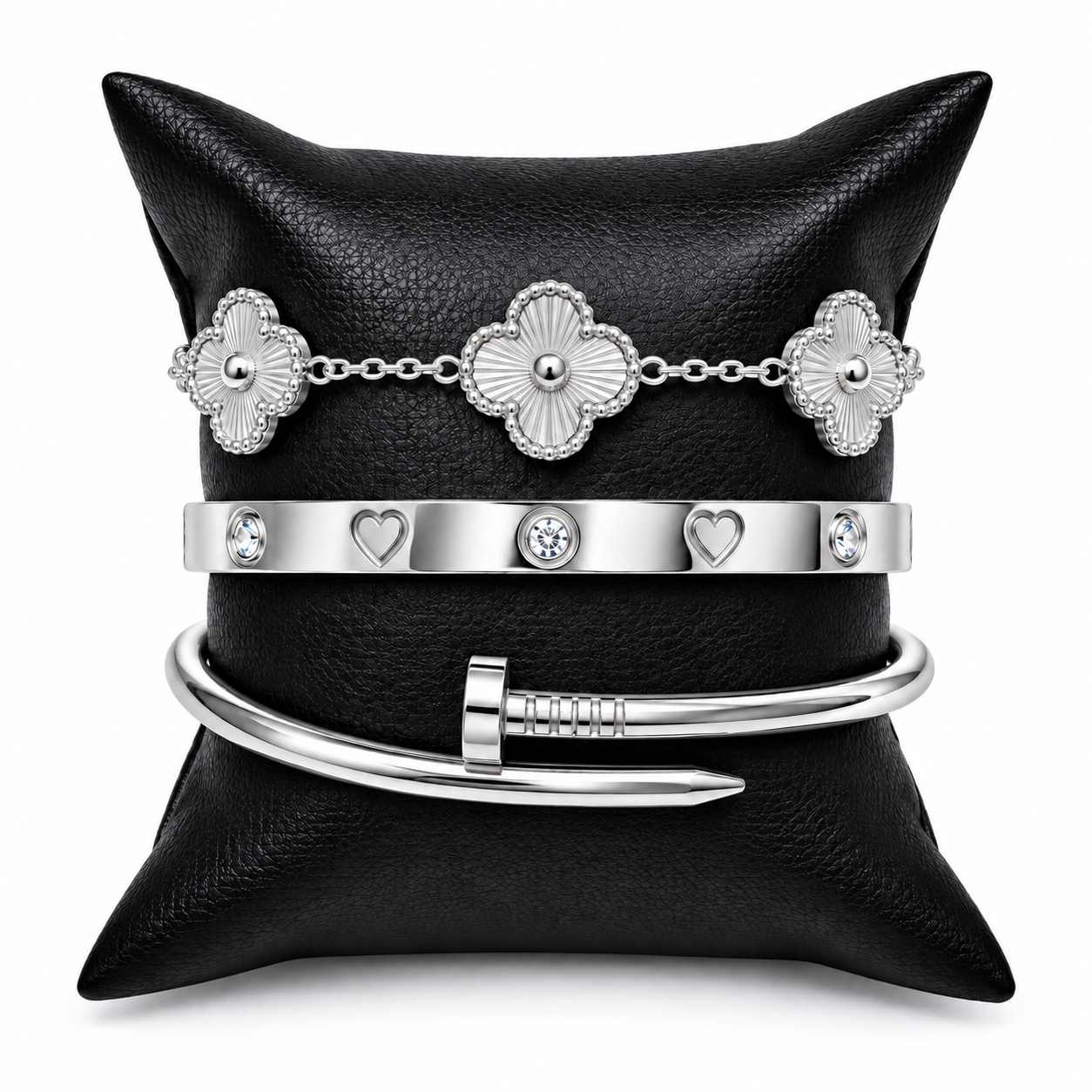 Luxury Silver Stainless Steel Bracelet Set of 3 with Clover B074