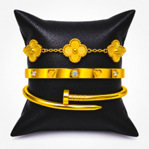 Luxury Gold Stainless Steel Bracelet Set of 3 with Clover, B074